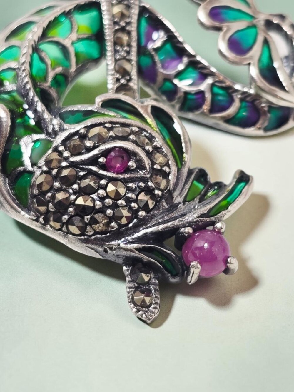 925 Brooch Pendant Plique-à-Jour Enamel DRAGON Marcasite and Ruby Eyes - Picture 6 of 8